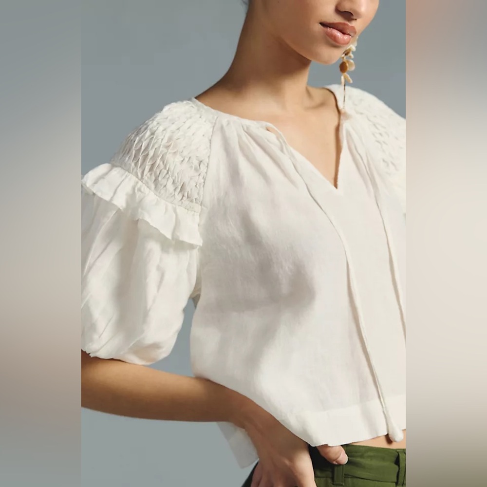Anthropologie | Self Contrast smocked linen blouse size XS